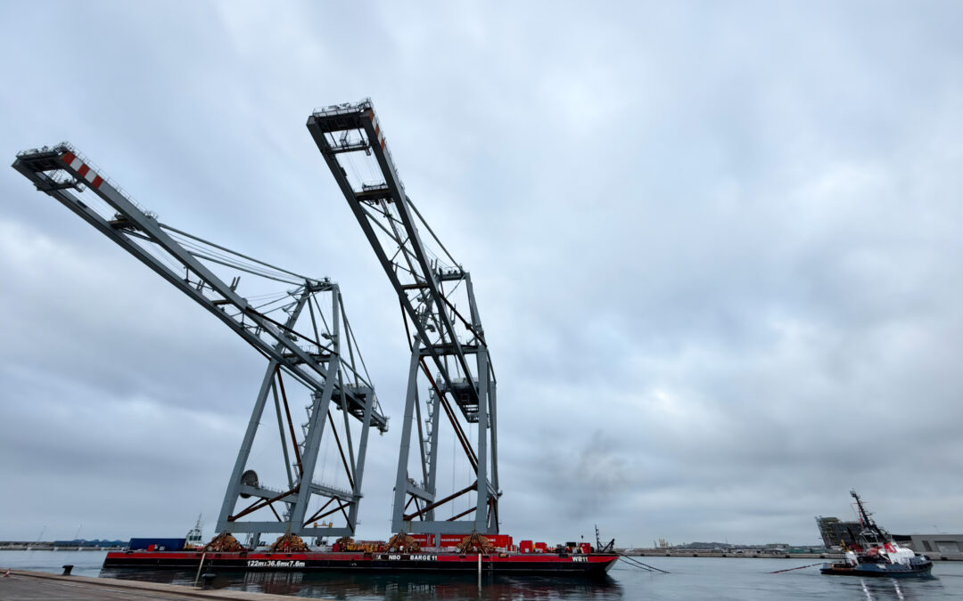 Las antiguas grúas de DP World abandonan el Muelle de Andalucía para dar paso a la nueva terminal de COSCO y PTP